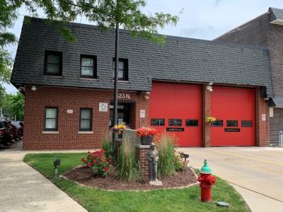 Fire Station Building, Red Garage Doors